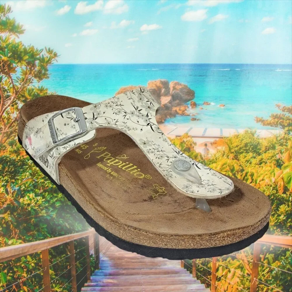 Birkenstock Papillio Women's Gizeh  White Gray Black Floral Comfort Sandals 38